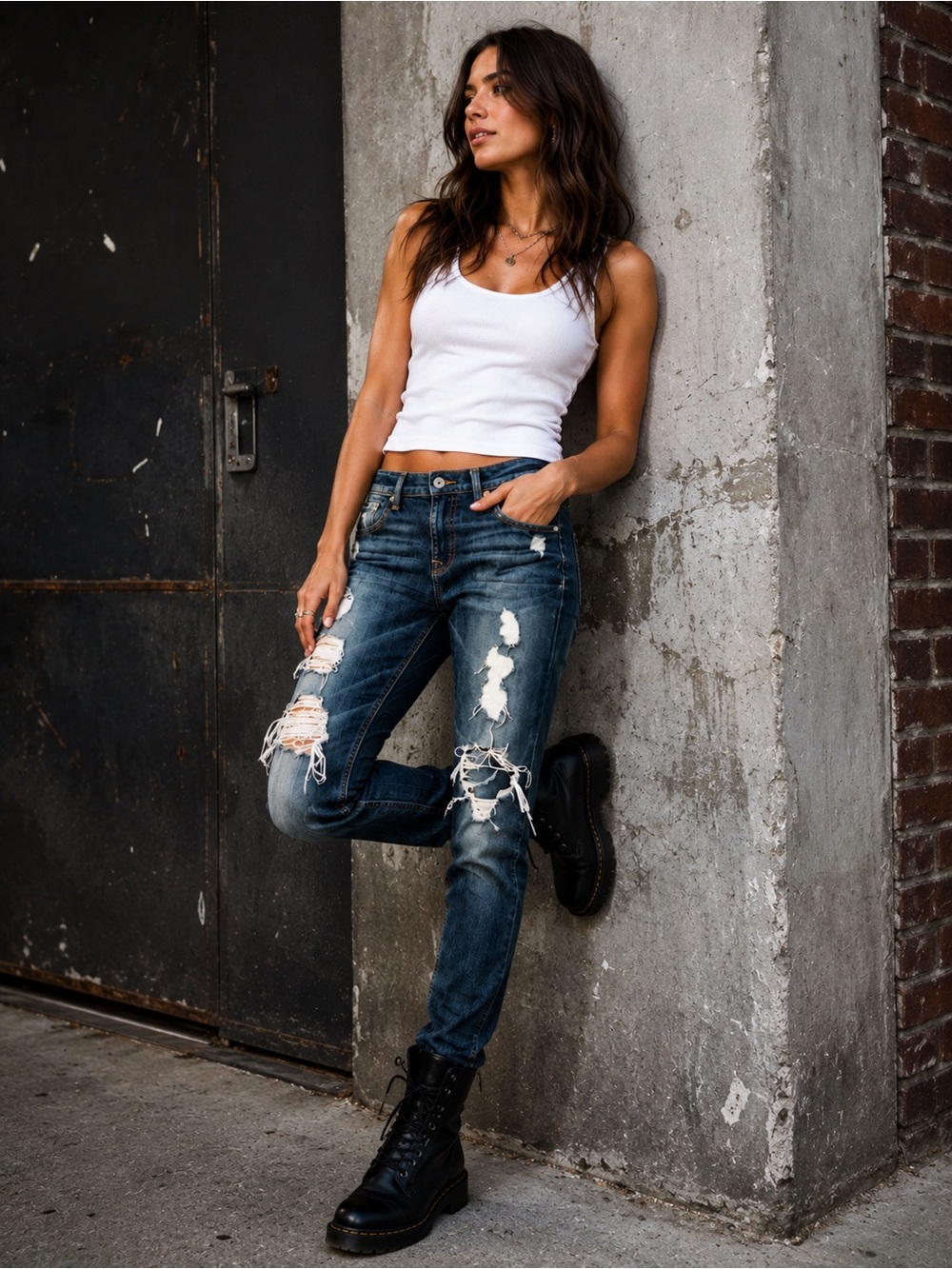 7 For All Mankind Relaxed Skinny Medium Wash Mid Rise Ripped Jeans Size 25”